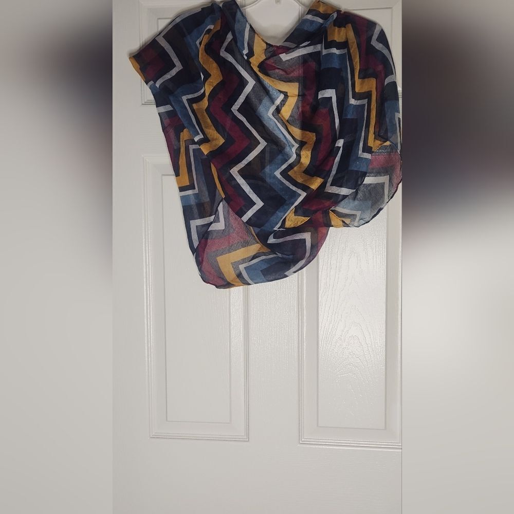 Lightweight Infinity Fashion Scarf Navy Blue Burgundy Yellow Zig Zag Boho 19x68"